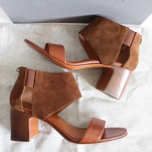 Aquatalia Enid Cognac Brown Ankle-Wrap Block Heel Sandals Open Toe Heels